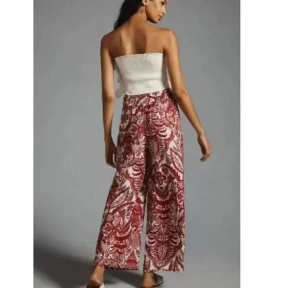 Anthropologie Linen Somerset Pants Red Floral Print Wide-Leg Smocked Small - Picture 3 of 10